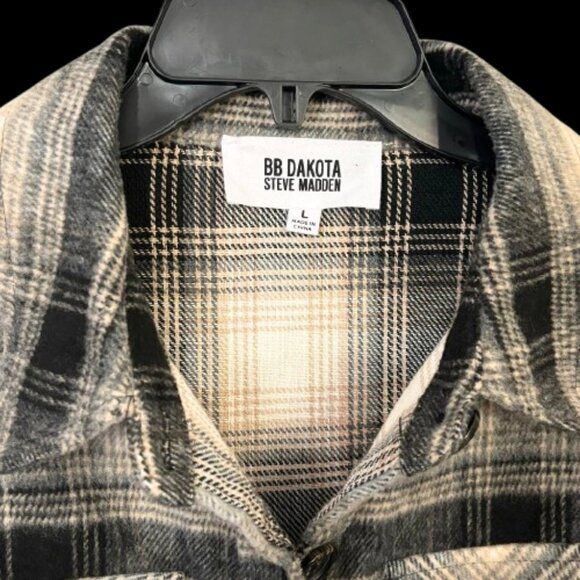 BB Dakota Black Tan Ivory Plaid Shaket Jacket Woman's Size Large - Picture 8 of 13